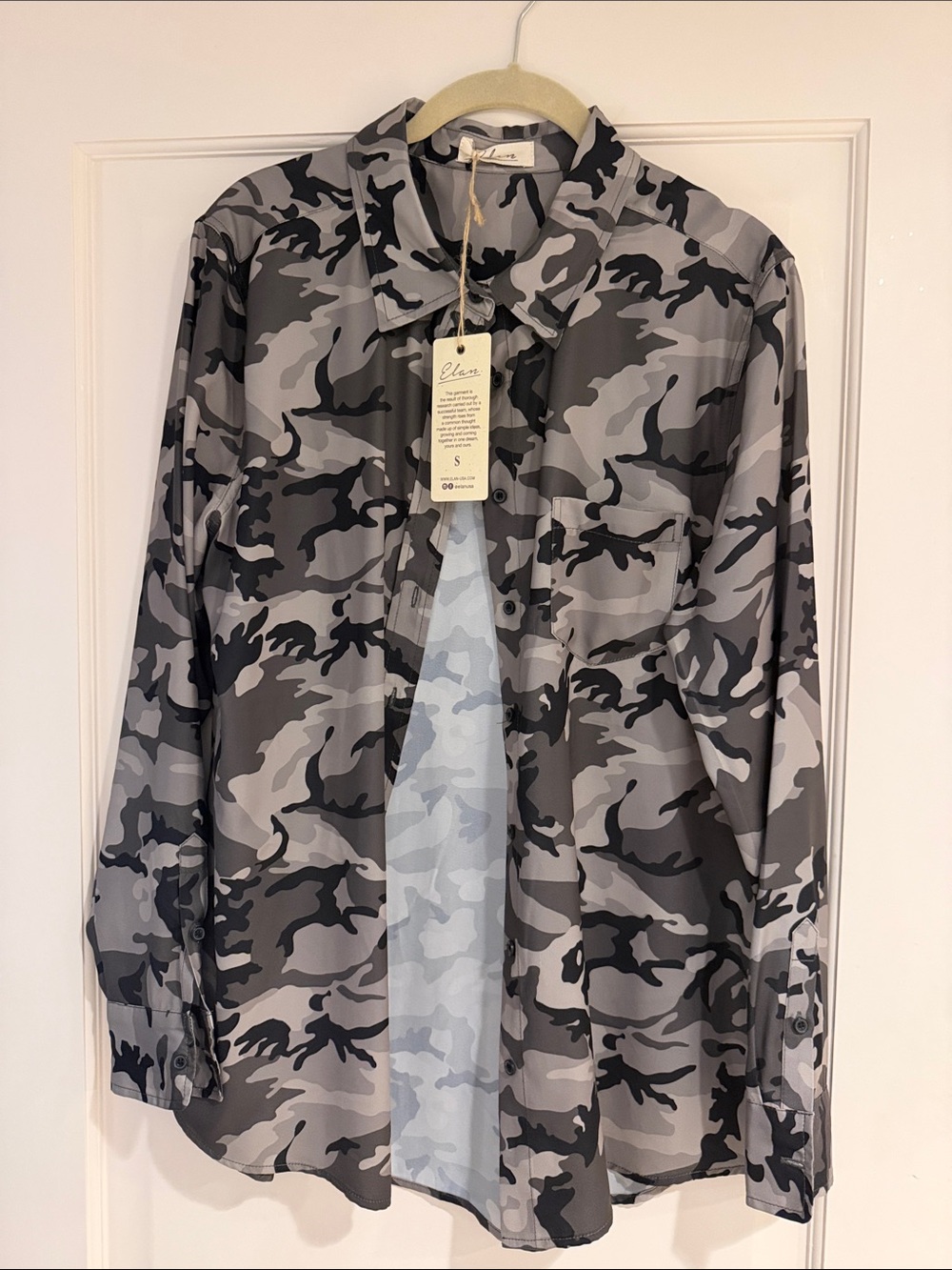 Elan Gray Black Camouflage Button-Down Shirt
